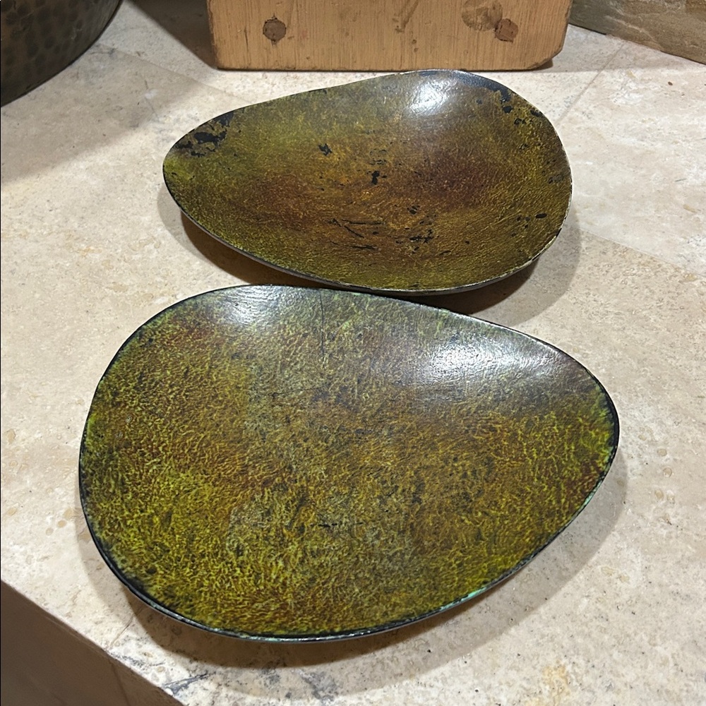 PIER 1 Pillar Candle Holder Metal Plate Brown Green Oval 9" Trinket Dish Set 2